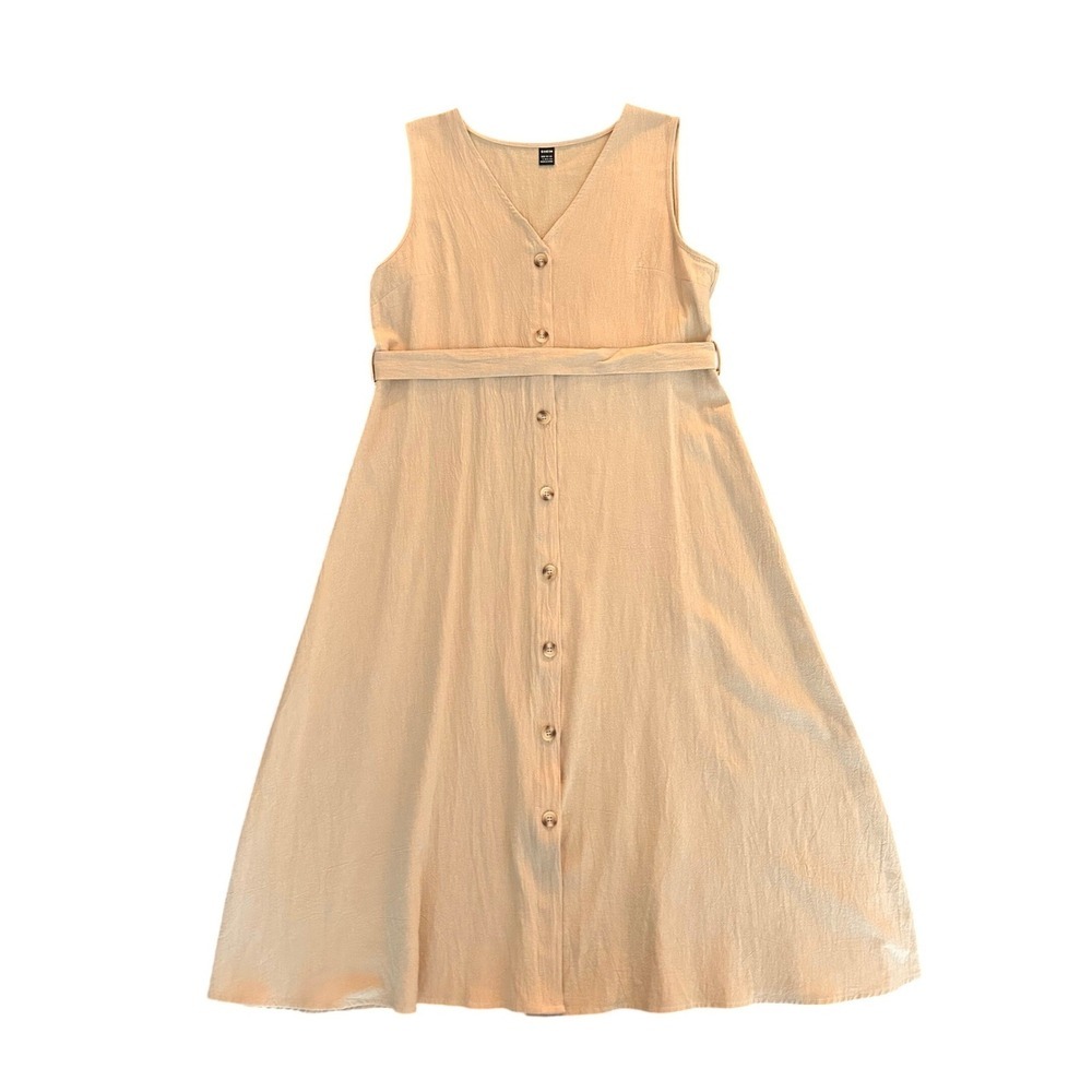 SHEIN Womens Tan Cotton Button Front Sleeveless Midi Dress with Belt Size L 1319